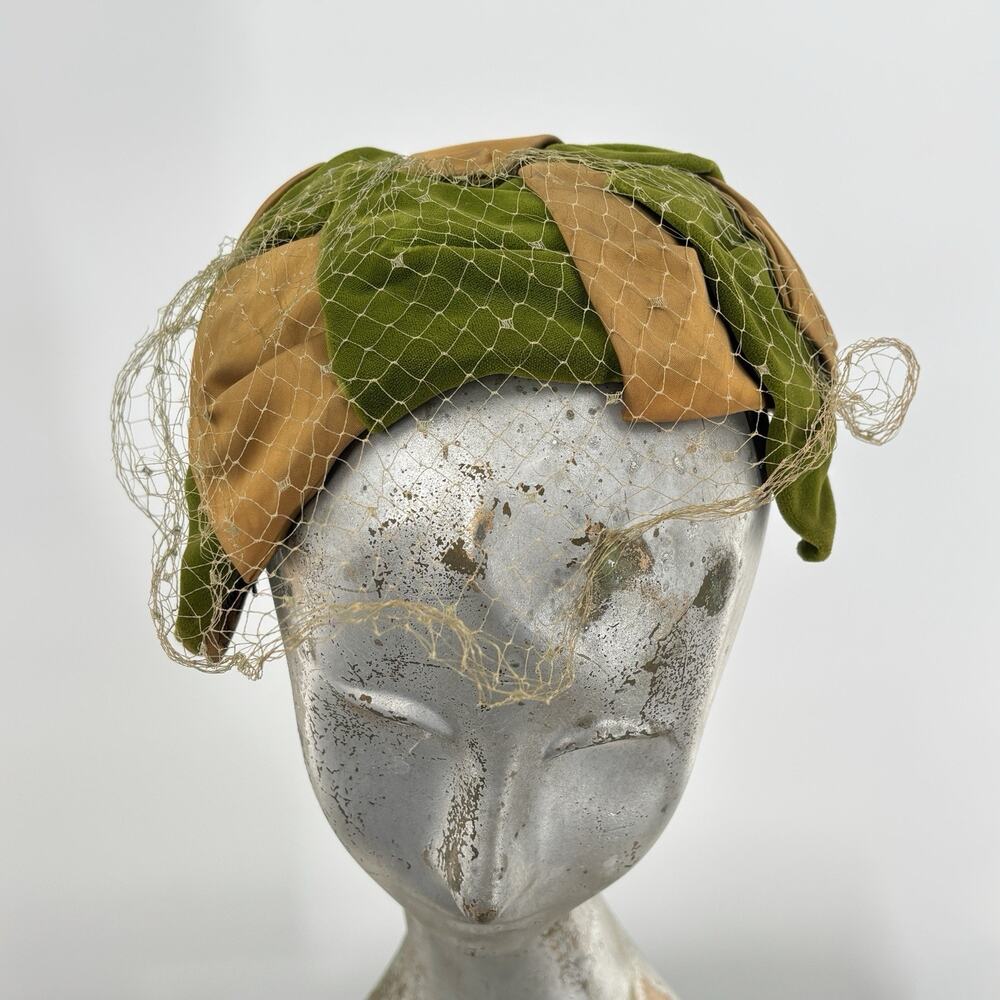Vintage Turban Hat Veil Draped Sculptural Fascinator Olive Green Velvet Satin